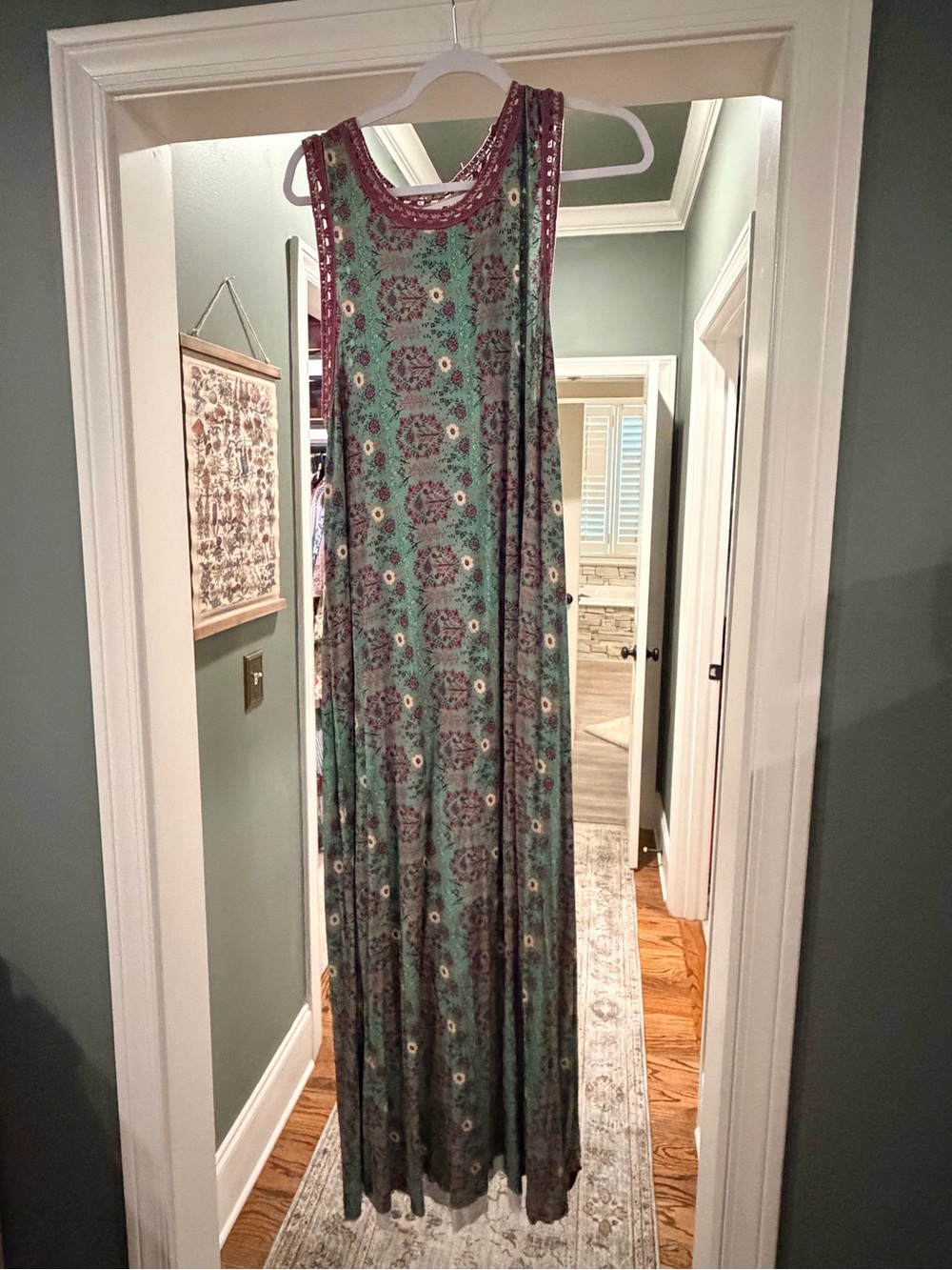 NATURAL LIFE Teal Floral Sleeveless Maxi Dress with Maroon Trim